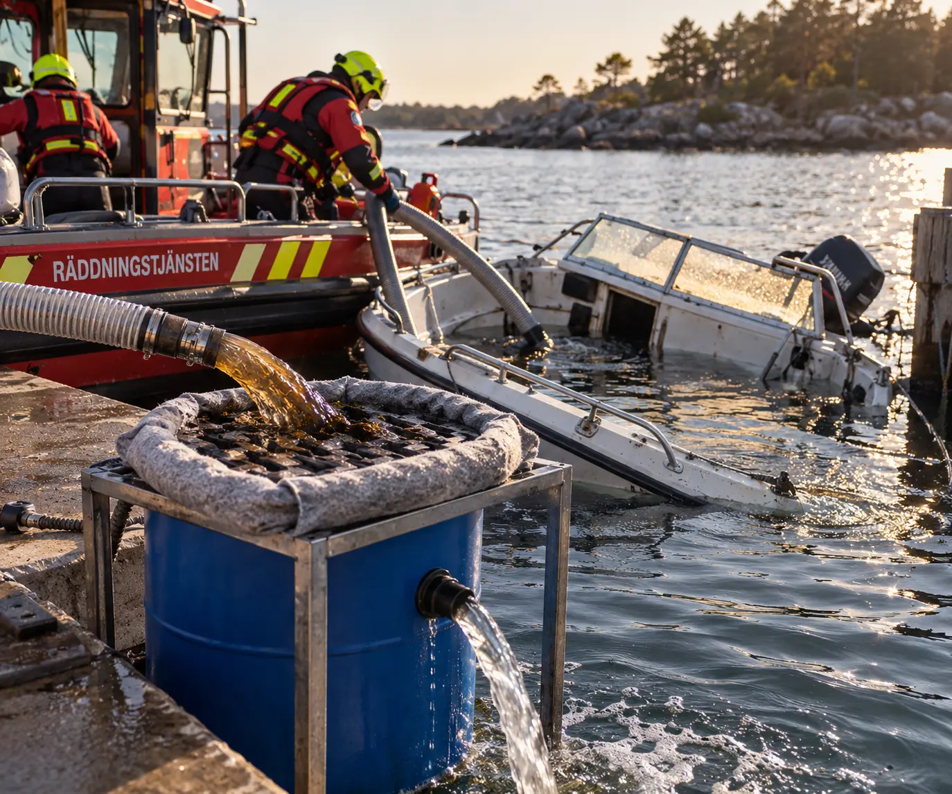 DrainGuard Marine filtrerar oljeförorenat vatten vid bärgning av havererad båt